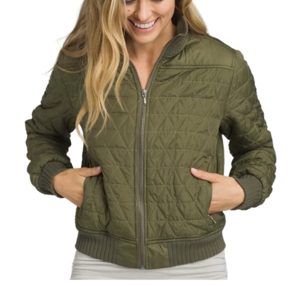 Prana Olive Green Quilted Bomber Jacket